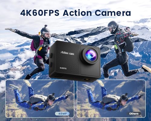 4K 60FPS Action Camera with 64GB Card-48MP Waterproof Camera,40M Underwater Camera,8X Zoom,EIS Stabilization,WiFi,Remote Control,MotorcycleCamera with 2 Rechargeable Batteries - Image 2