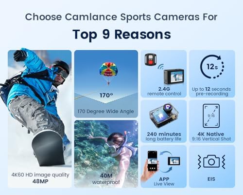 4K 60FPS Action Camera with 64GB Card-48MP Waterproof Camera,40M Underwater Camera,8X Zoom,EIS Stabilization,WiFi,Remote Control,MotorcycleCamera with 2 Rechargeable Batteries - Image 5