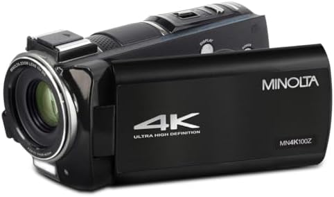 Minolta 4K Ultra HD Camcorder with 3.5-inch Touchscreen – 10x Optical Zoom, 28MP Photos, Digital Stabilizer, Accessory Shoe Mount, Time Lapse, Face Detection, 32GB Card, Remote Control (Black)