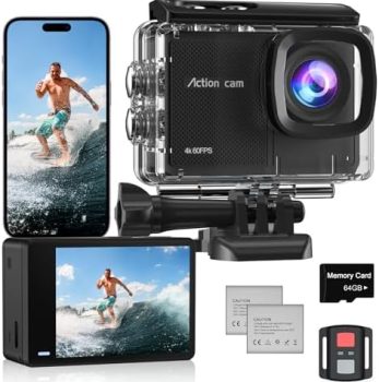 4K 60FPS Action Camera with 64GB Card-48MP Waterproof Camera,40M Underwater Camera,8X Zoom,EIS Stabilization,WiFi,Remote Control,MotorcycleCamera with 2 Rechargeable Batteries