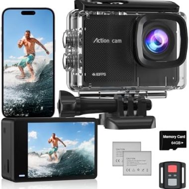 4K 60FPS Action Camera with 64GB Card-48MP Waterproof Camera,40M Underwater Camera,8X Zoom,EIS Stabilization,WiFi,Remote Control,MotorcycleCamera with 2 Rechargeable Batteries