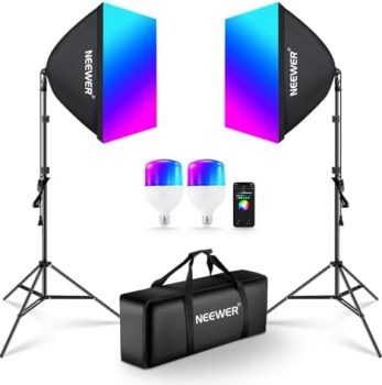 NEEWER RGB Softbox Lighting Kit with App Control & 9 Effect Modes, 2 Pack 26W FCC/IC/UL Certified LED Bulbs CRI93+ TLCI98+, E26 Porcelain Sockets, 24″ Softboxes, for Studio Photography Lighting, NK800